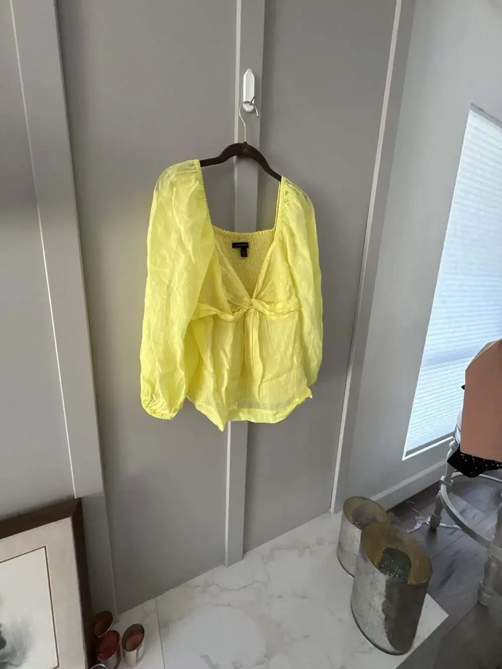 Banana Republic Yellow Twisted Front Puff Sleeve Smocked Square Neck Blouse